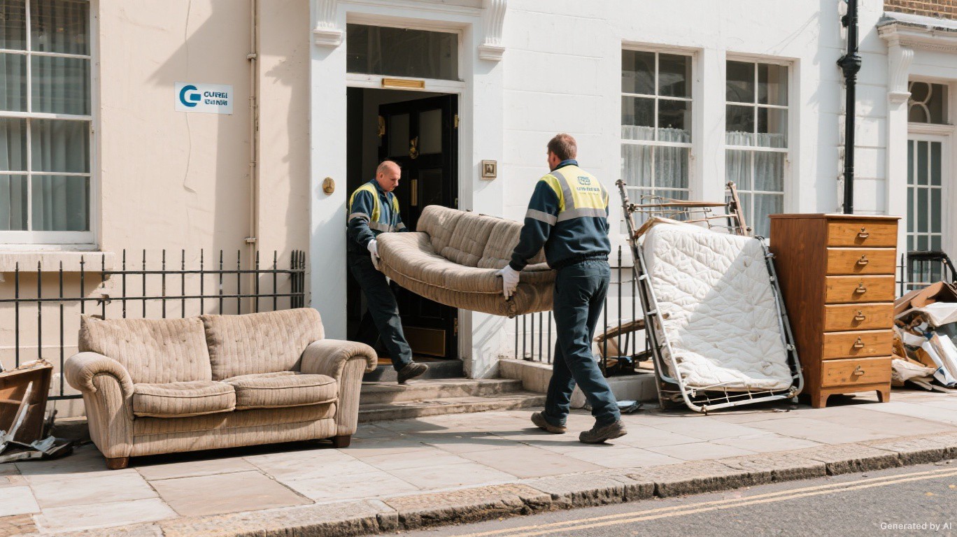 Bulky waste collection team carrying a sofa, double bed frame and heavy chest of drawers from a London flat while protecting the doorframe
