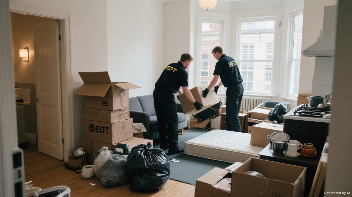 End of tenancy clearance crew emptying a rented London studio flat of furniture, bags and leftover items ready for landlord inventory check