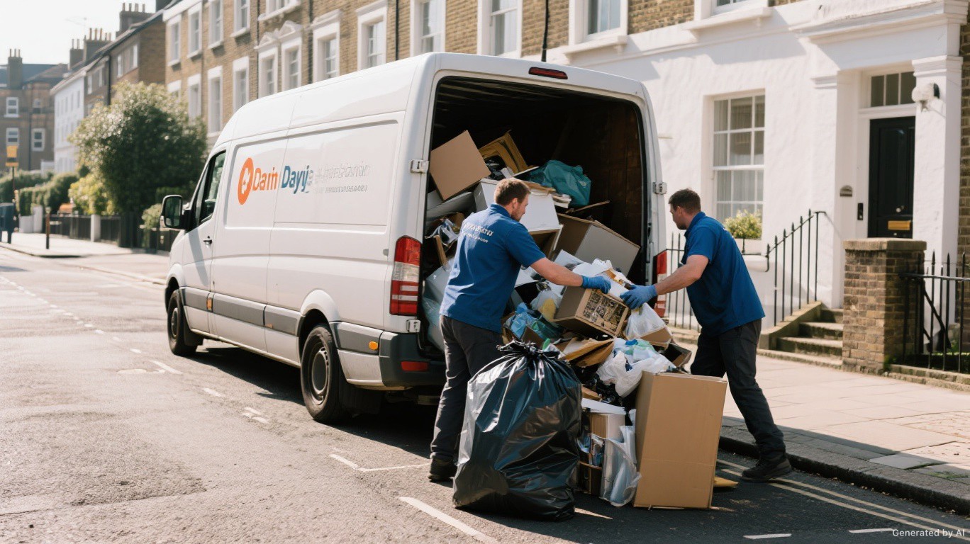 Professional rubbish removal team and van on a High Barnet & East Barnet street in Barnet