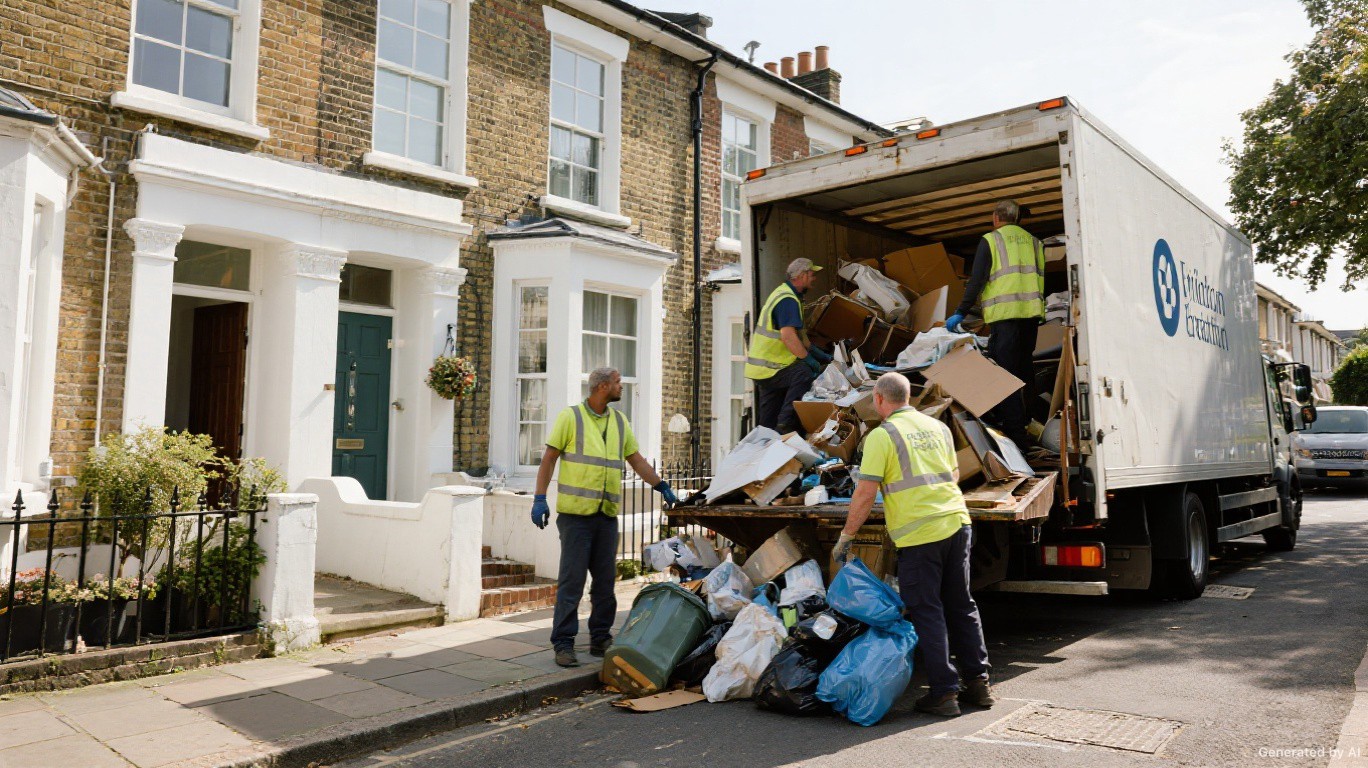 Professional rubbish removal team and van on a Temple & Inns of Court street in City of London