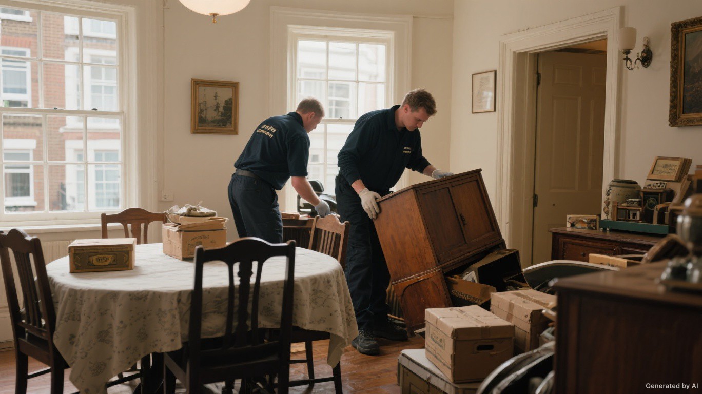 Respectful probate clearance team carefully clearing old furniture and household contents from a traditional E13 (Plaistow & West Ham) house — Probate House Clearance