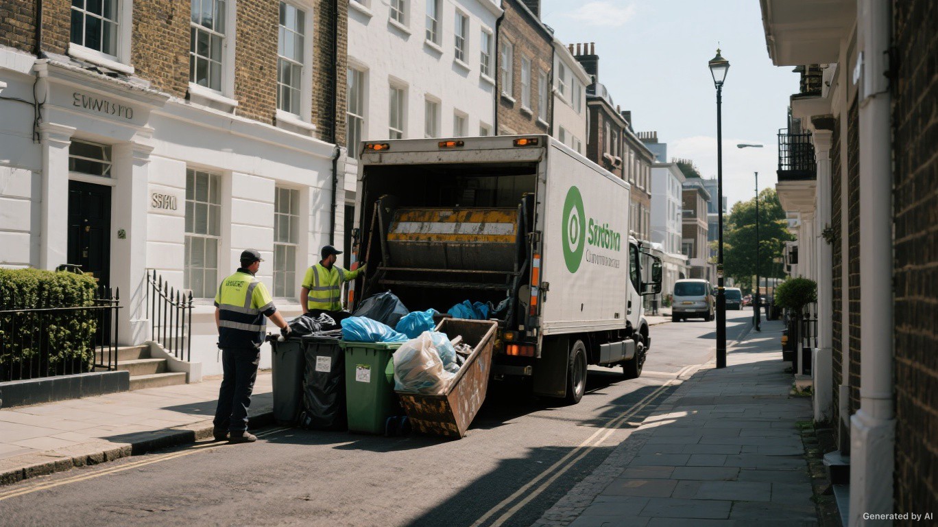 Professional rubbish removal team and van on a Crystal Palace & Sydenham (south fringe) street in Southwark