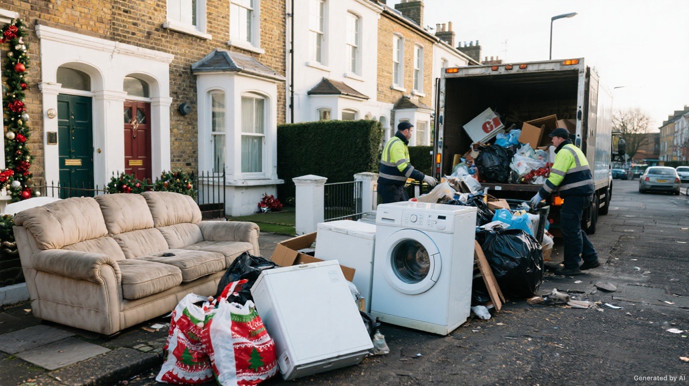 Professional rubbish removal team and van on a Stoneleigh & Ewell fringe street in Sutton