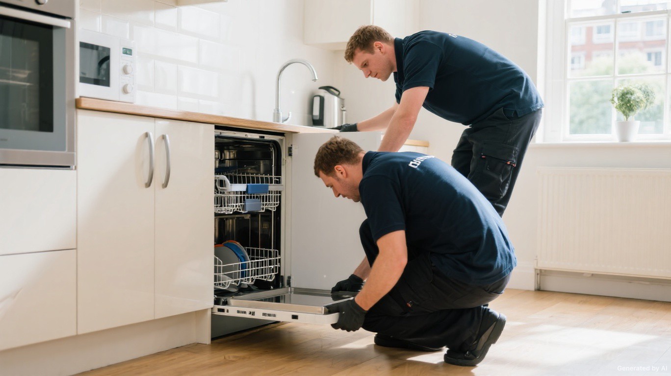 Dishwasher removal team disconnecting and removing an integrated dishwasher from a Hackney Wick & Homerton E9 mixed-use kitchen — Dishwasher Disposal