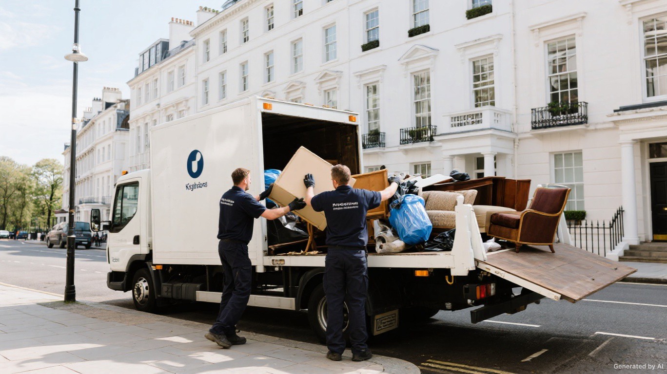 Professional waste clearance team loading premium furniture on a Knightsbridge street