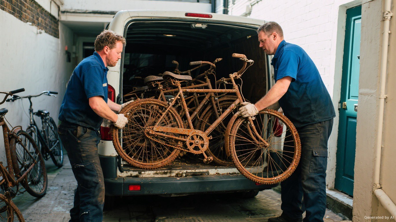 Abandoned bike disposal team loading rusted old bicycles onto a van from a Sidcup & Foots Cray DA15 basement bike store — Bike Disposal & Frame Recycling
