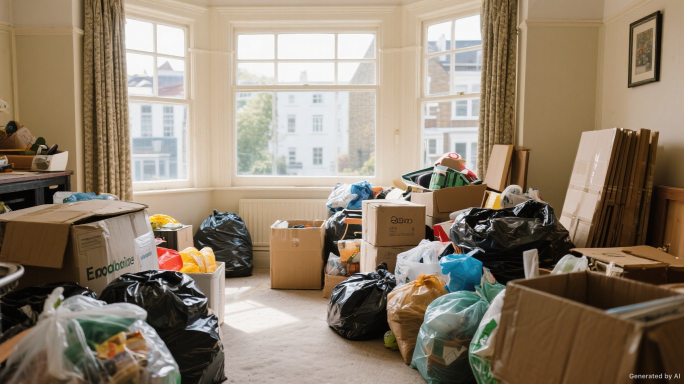 Professional rubbish removal team and van on a Liverpool Street & Bishopsgate street in City of London