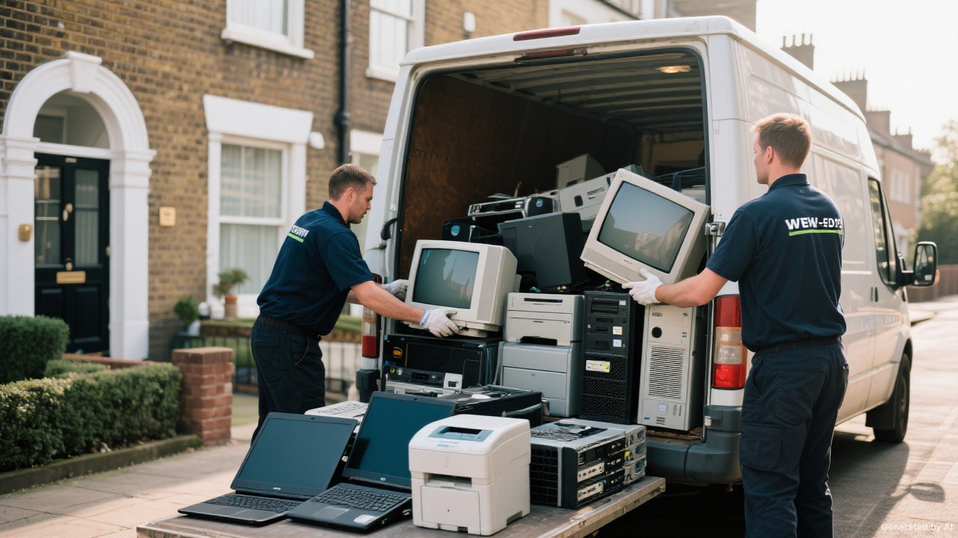 WEEE and e-waste collection team loading monitors laptops and printers from a Leadenhall & Aldgate EC3A mixed-use home office — WEEE & E-Waste Recycling