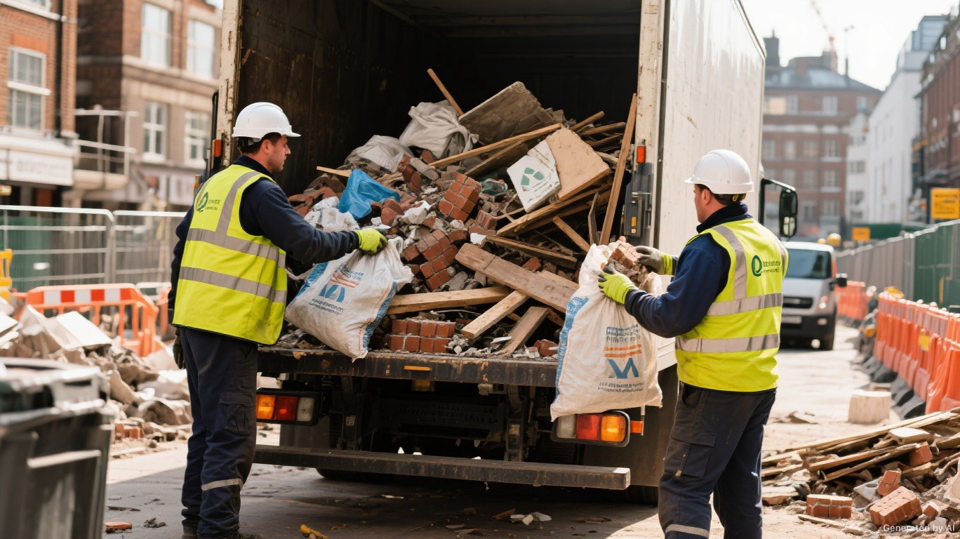 Professional rubbish removal team and van on a Highbury & Arsenal street in Islington