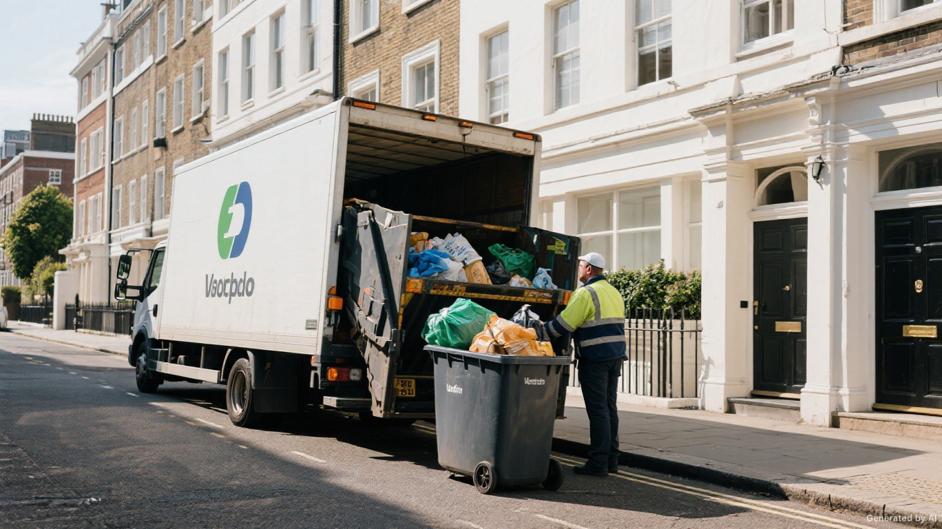 Professional rubbish removal team and van on a Colliers Wood & Wimbledon Chase street in Merton