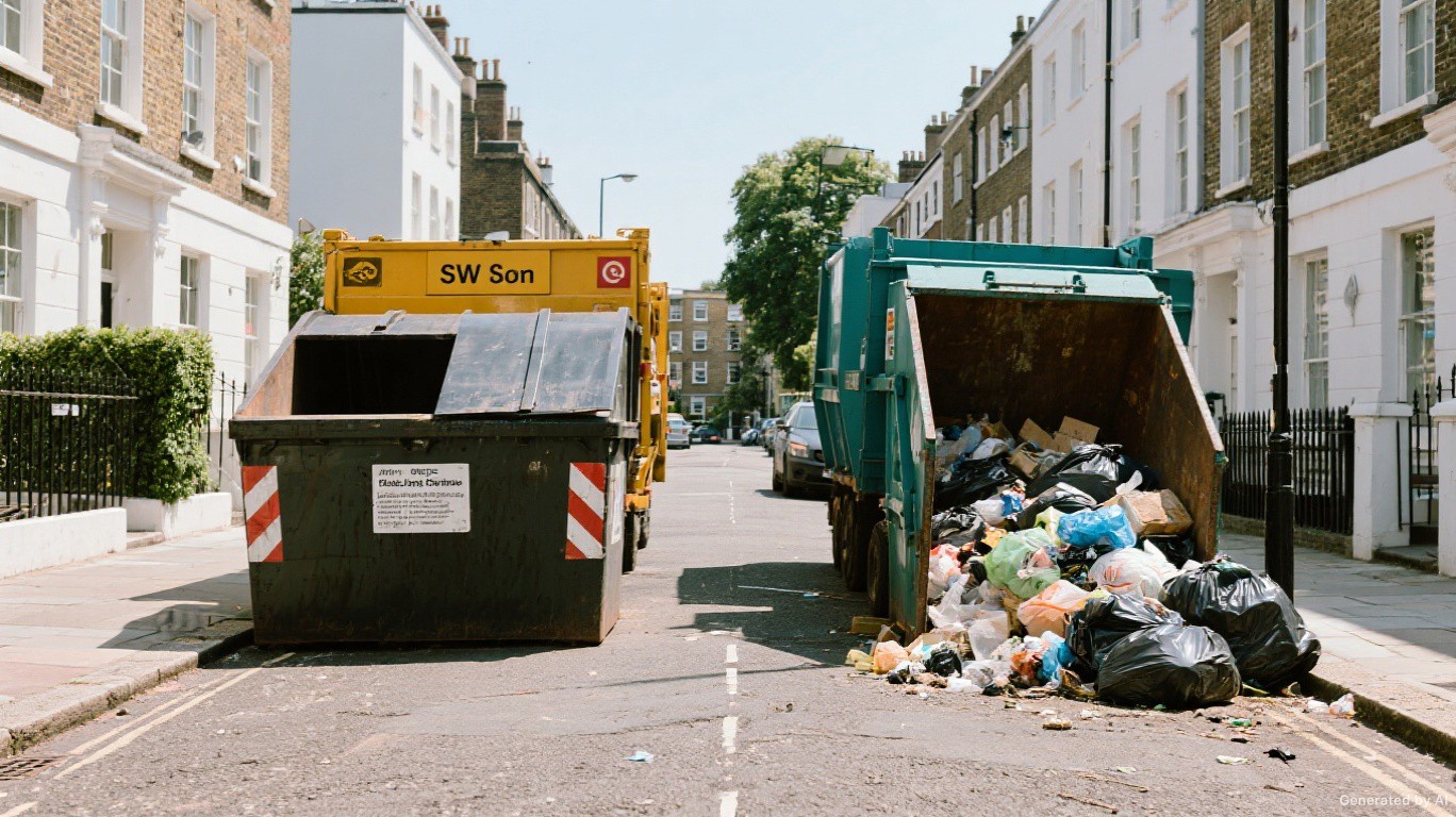 Professional rubbish removal team and van on a Bermondsey street in Southwark