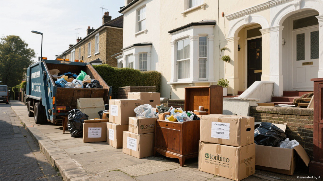 Professional rubbish removal team and van on a Coulsdon & Chipstead street in Croydon