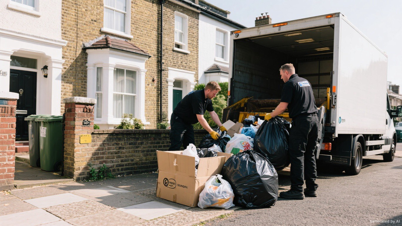 Rubbish removal crew loading mixed household bags, loose waste, and carrier bags from a London residential driveway onto a modern tipper van