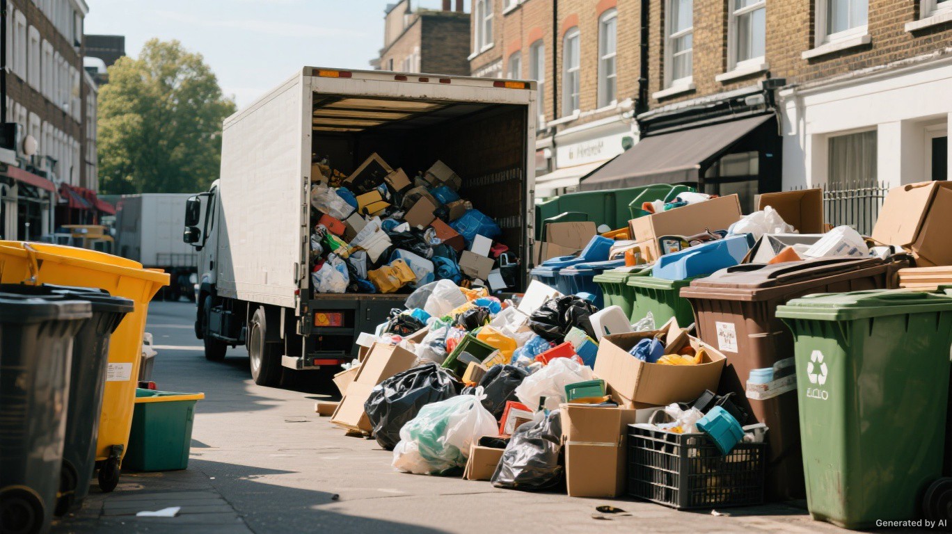Professional rubbish removal team and van on a Leyton & Temple Mills street in Waltham Forest