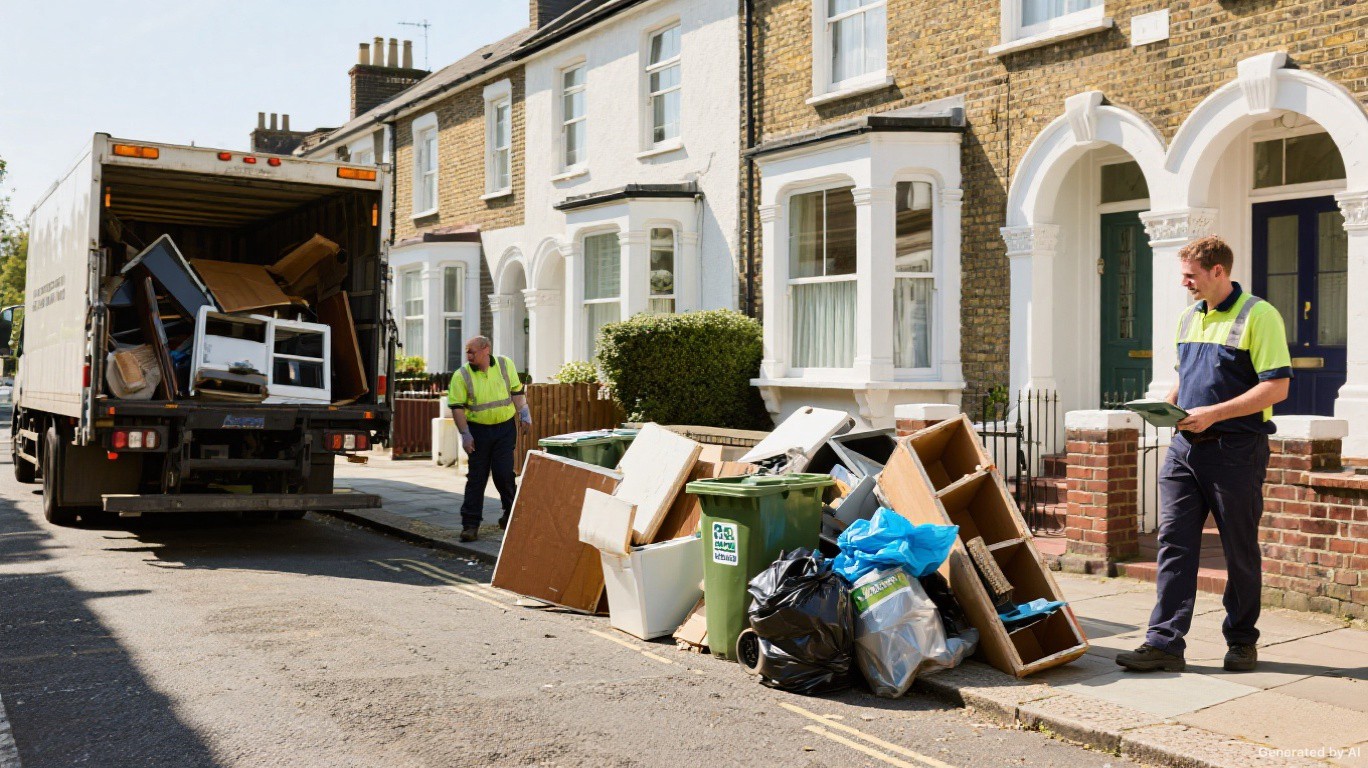 Professional rubbish removal team and van on a Ilford town centre street in Redbridge