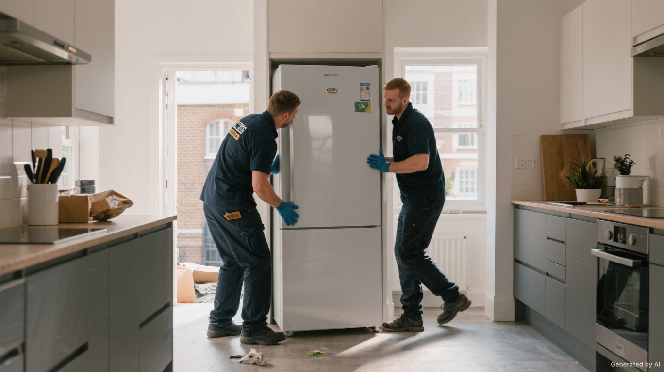 Fridge removal team moving a fridge freezer out of a modern London kitchen