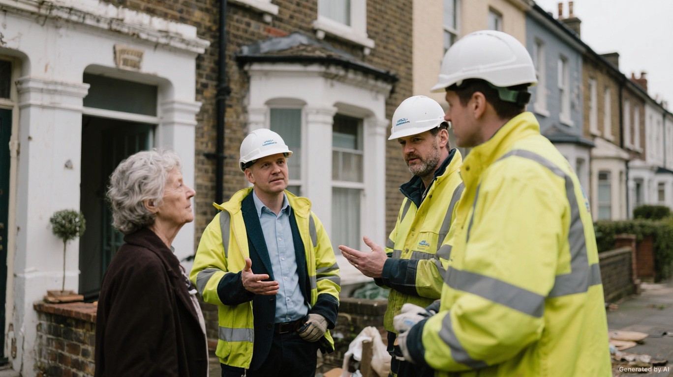 Asbestos survey and handover meeting outside a pre-1970 Ruislip & Eastcote HA4 terraced house — Asbestos Info & Handover