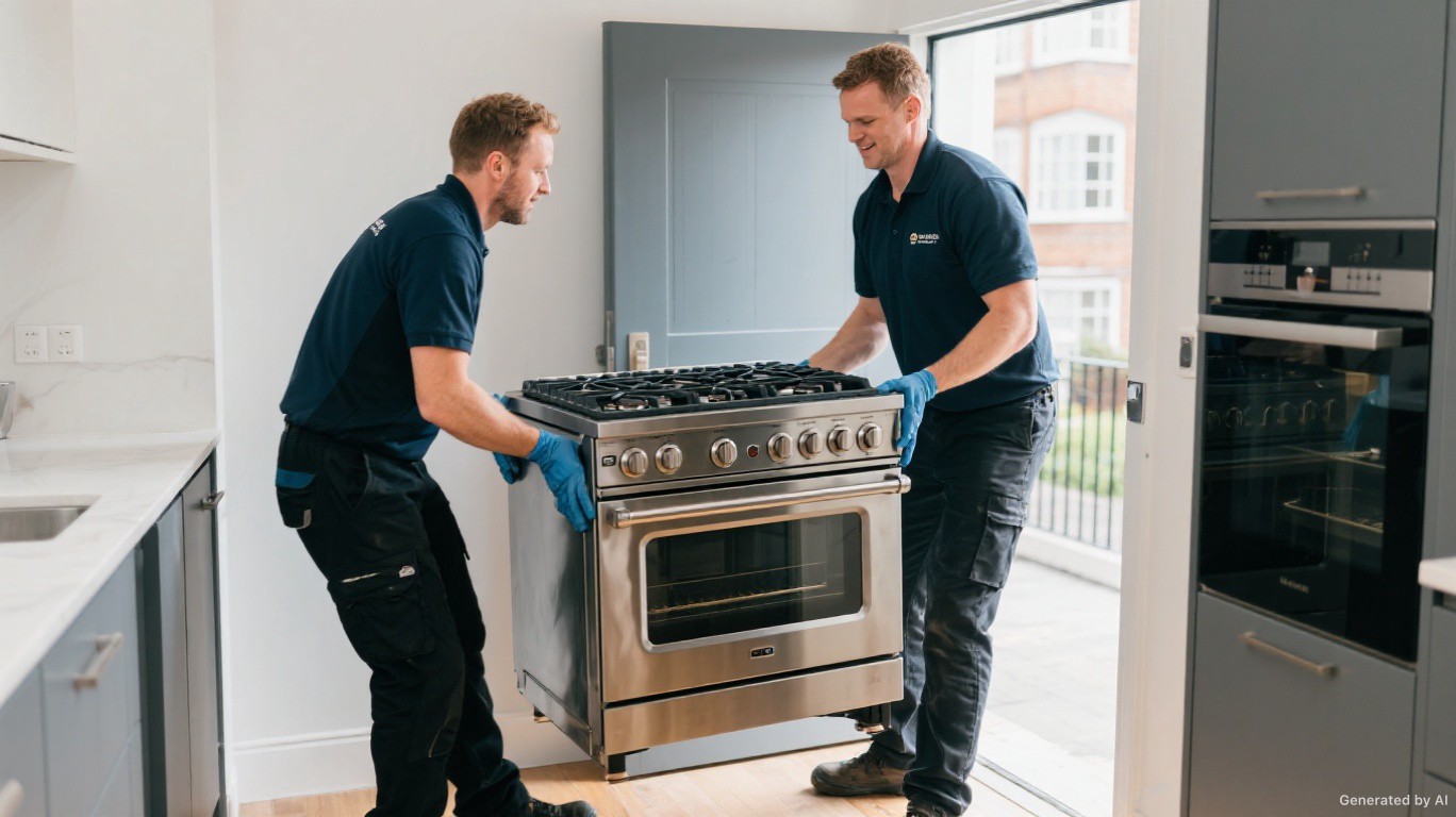 Cooker removal team carefully lifting a heavy stainless steel range cooker from a CR7 (Coulsdon & Chipstead) mixed-use kitchen — Cooker, Oven & Range Removal