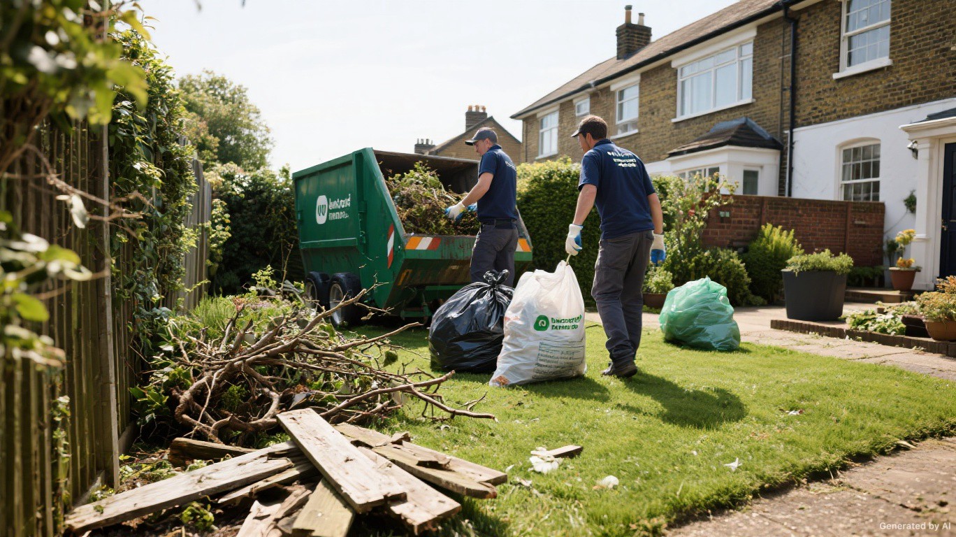 Professional rubbish removal team and van on a Teddington & Hampton street in Richmond upon Thames